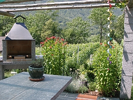 Stone pergola & grill looking into a large vineyard